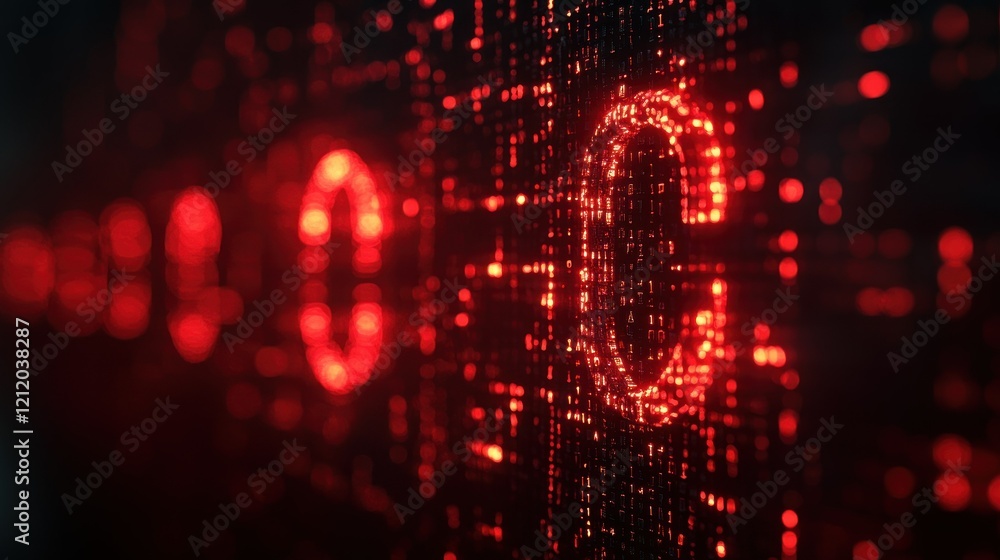 Poster abstract digital red binary code 0 and 1 forming a c cryptocurrency symbol on a dark background