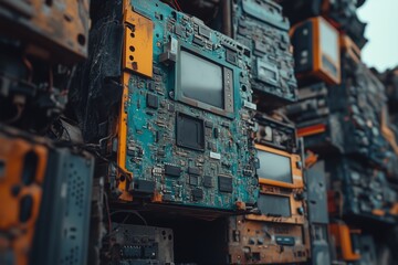 Fototapeta premium Broken gadgets and damaged electronic components create a disordered stack in a junkyard setting. This urban scene at dusk highlights the textures and details of discarded technology
