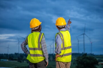 Two men in yellow safety vests pointing at a field of wind turbines