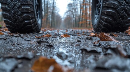 Naklejka premium Muddy forest trail, autumn leaves, vehicle tires, low angle view, outdoor adventure
