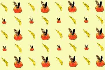 Wallpaper with repeating hand drawn pattern. Apple and banana. Hand drawn fruits, pattern, seamless. Abstract fruit, background, fabric.
