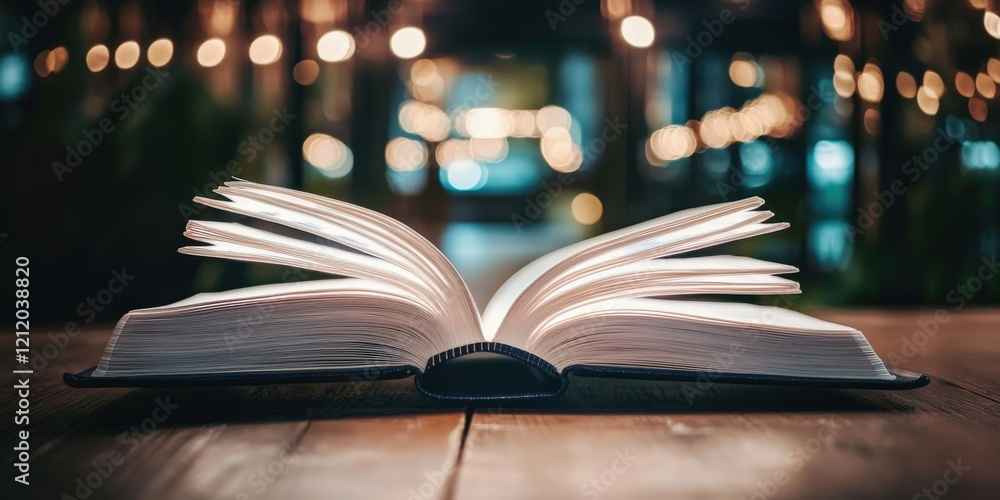 Poster law restriction policy concept. an open book rests on a wooden table, illuminated softly by warm amb