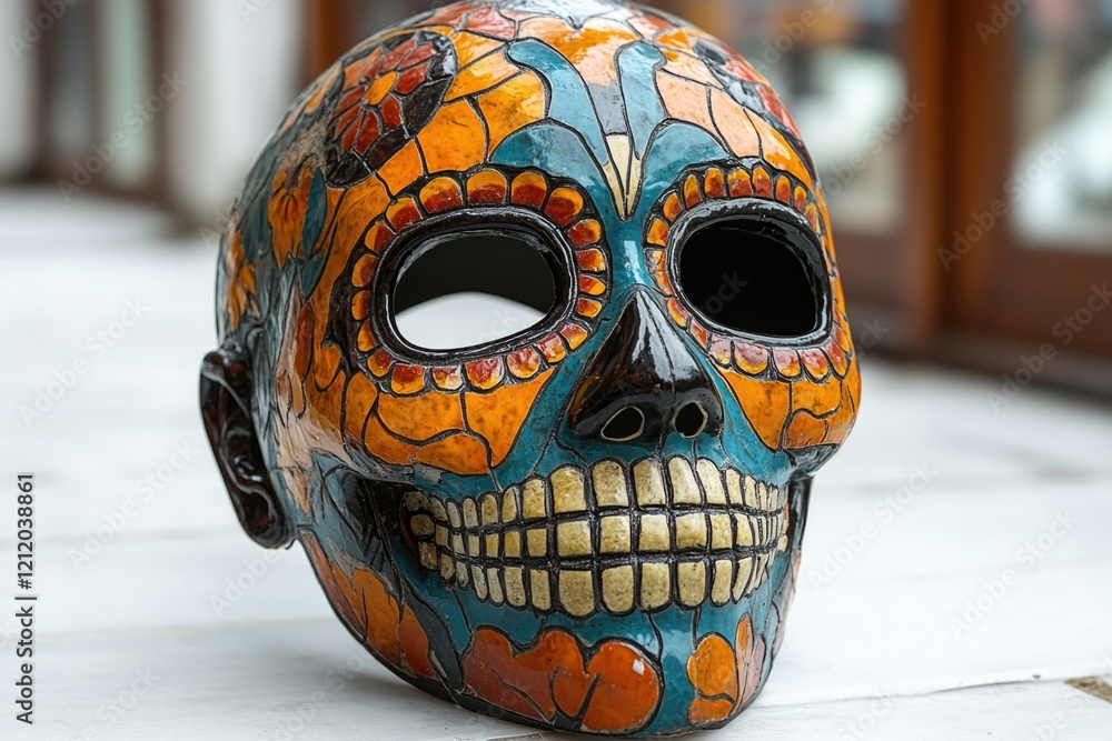 Poster a vibrant skull mask sits atop a table, ready for use in various creative projects