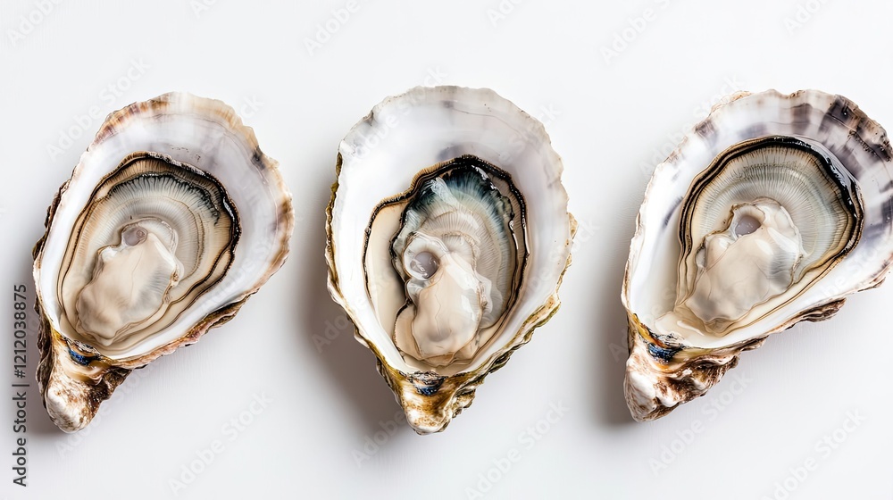 Poster fresh oysters displayed on a solid white background generative ai