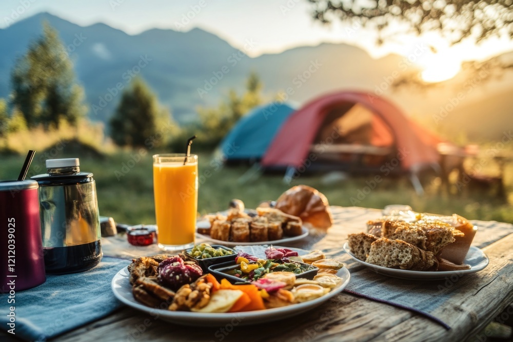 Poster a wooden table set with various plates of food and drinks, perfect for use in scenes depicting mealt