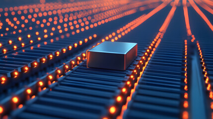 A sleek, metallic object sits amidst glowing lines on a digital circuit board, showcasing a futuristic technology theme