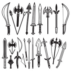 RPG weapon icon set, vector fantasy game sword collection, dungeon dragon battle attack object kit: magic sorcerer staff, warrior dagger, medieval bow, arrow, and character equipment. 