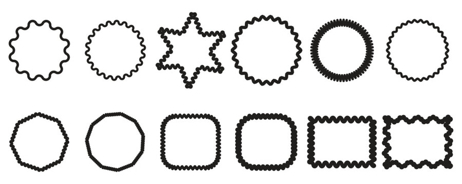 Set of rectangle and oval brush stroke frames with wavy edges on white background. Wiggly Frame for Template, Stickers, Stamp, Promo Design. vector illustration and artwork.
