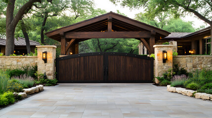 A beautiful wooden gate framed by stone pillars and lush greenery, leading to a picturesque home in a serene outdoor setting