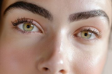 Obraz premium Close up of face with glowing skin and expressive green eyes, showcasing beauty and hydration. focus on eyes highlights their captivating color and detail