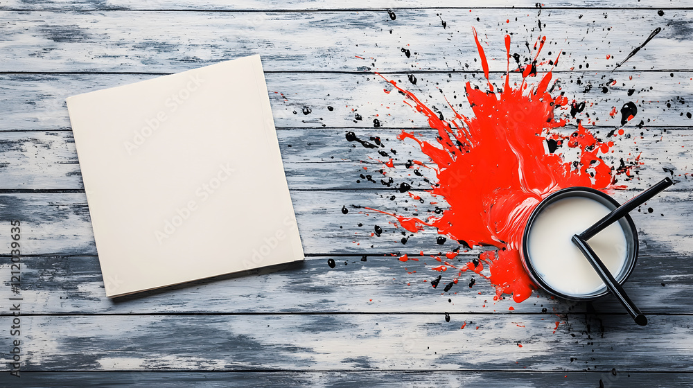 Poster a blank canvas beside a splash of red paint and a cup, inviting creativity and artistic expression