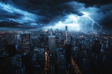 Obraz premium Dramatic aerial view of a city skyline during a powerful thunderstorm with lightning striking. Dark clouds loom over skyscrapers.