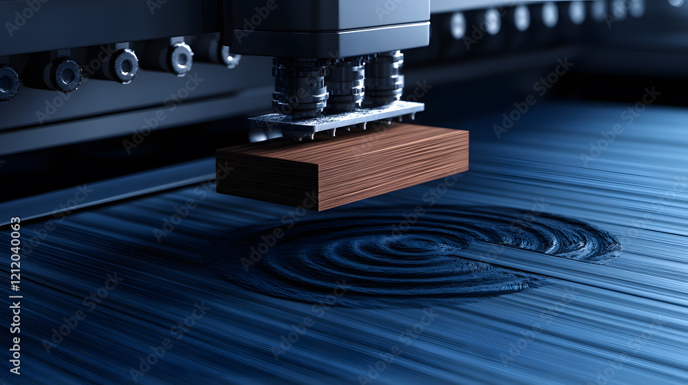 Poster a high-tech cnc machine engraving a swirling pattern on a wooden surface, showcasing precision and c