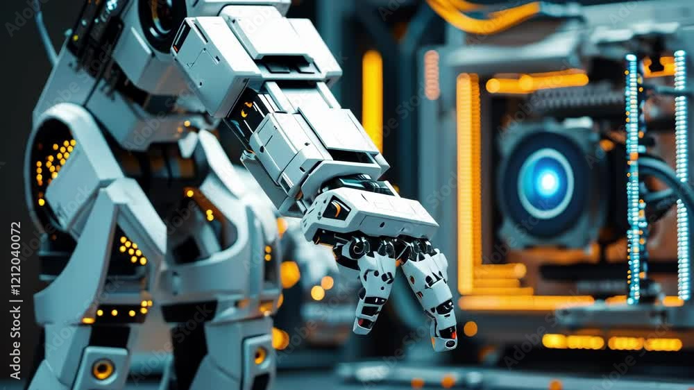 Poster robotic arm interacts with advanced machinery in a futuristic setting, showcasing innovation and tec