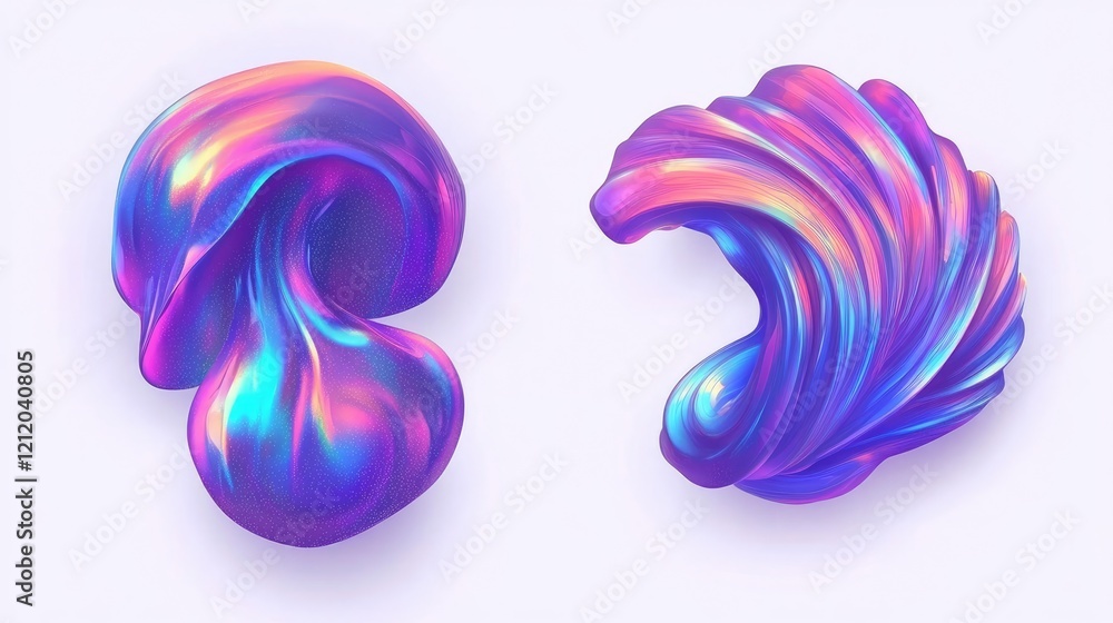 Poster holographic liquid metal blobs on white background generative ai