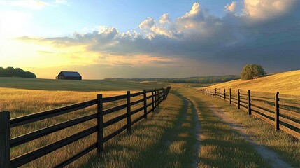 Fototapeta premium Hilly farmland at golden hour with long shadows cast by fences and barns, pastel hues blending natural and rural charm