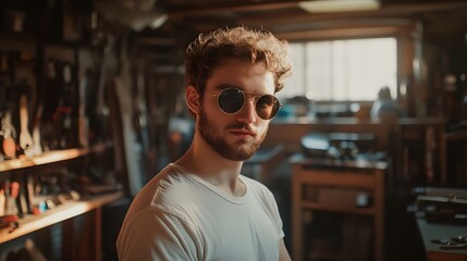 Fototapeta premium A photo of a young man with short, curly hair and a beard, wearing yellow glasses 