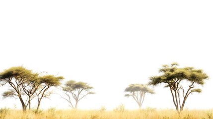 Fototapeta premium Serene Landscape of African Savannah with Silhouetted Acacia Trees Against a Bright White Sky