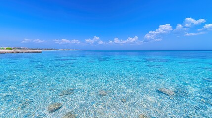 Fototapeta premium Tranquil turquoise ocean, sunny sky, coastal view, summer vacation