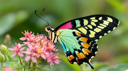 Fototapeta premium Colorful butterfly perched on vibrant pink flowers in a lush garden setting under soft natural light