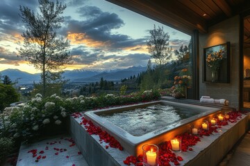 A lavish spa retreat, with a soaking tub surrounded by candles and fresh flower petals, overlooking a tranquil mountain landscape