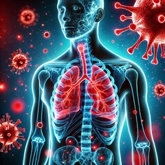 A futuristic medical illustration showing a human body with a glowing blue outline, lungs highlighted in red to depict inflammation, and surrounded by floating virus-like particles in vivid red