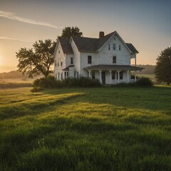 A white home by a green meadow at sunrise.