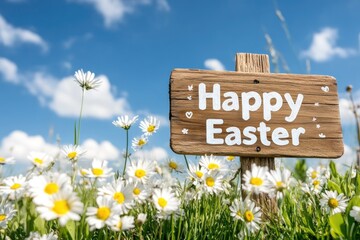 Happy easter sign in daisy field under blue sky.