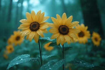 Obraz premium Two Rain Kissed Sunflowers In A Mystical Forest