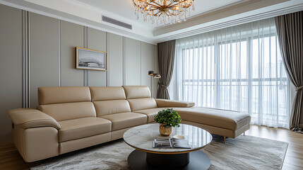 A luxurious living room featuring a beige genuine leather sofa, a sleek marble coffee table, and an elegant chandelier hanging from the ceiling, creating a serene and relaxing atmosphere.