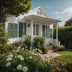 A small white home with green shutters and a flower-filled garden.