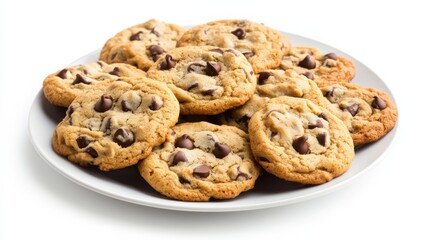 A plate of freshly baked chocolate chip cookies, Their golden-brown edges and gooey chocolate chips enticingly displayed