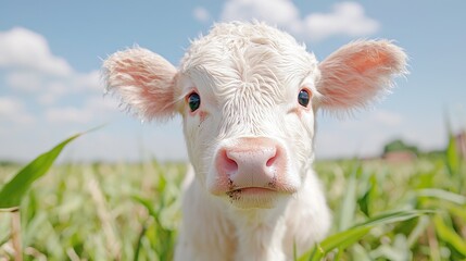 Obraz premium White calf in cornfield, sunny day. Farm animal portrait. Use Agriculture, livestock