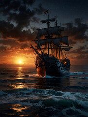 Obraz premium ship in ocean in the sunset