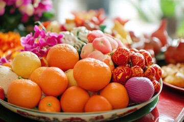 Naklejka premium A colorful arrangement of oranges and other fruit on a wooden table