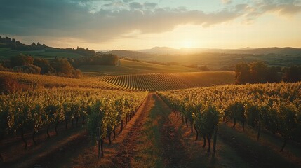 Naklejka premium A scenic vineyard stretching into the distance, with rolling hills and soft sunlight creating a warm atmosphere,