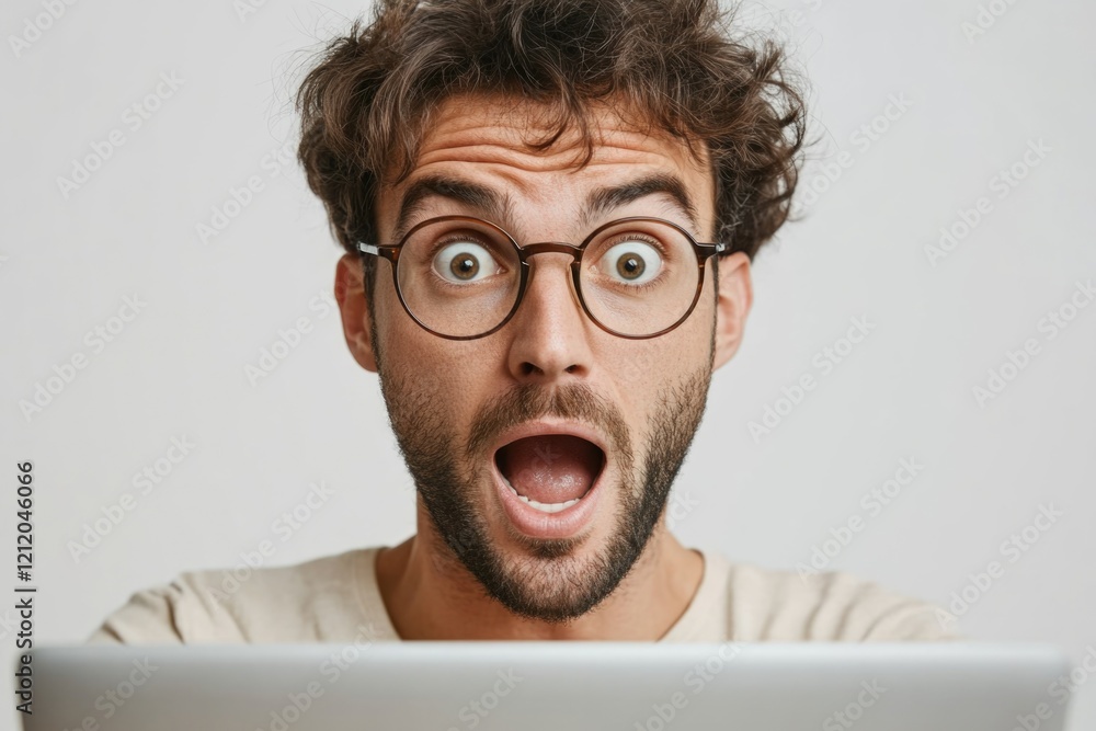 Poster a man with a surprised expression looks at the contents of a laptop