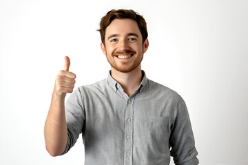 Fototapeta premium Smiling man giving thumbs up, positive gesture, approval, happy expression