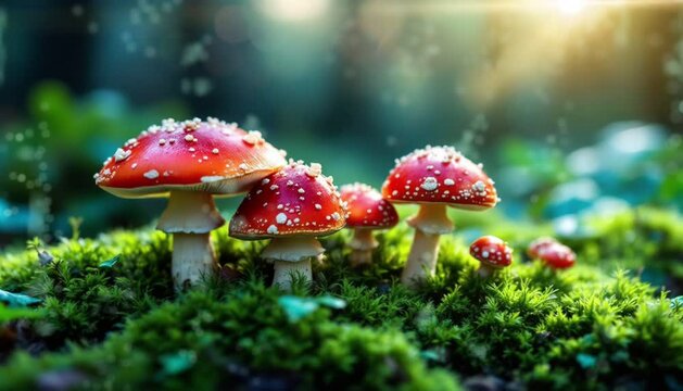 amanita muscaria fly fungus in morning light forest. Seamless looping 4k time-lapse video animation