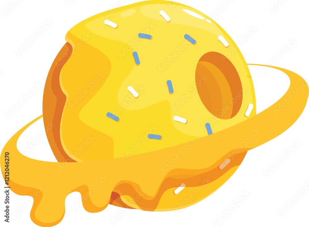 Aufkleber yellow donut planet rotating in space with icing and sprinkles, representing a sweet and cosmic trea