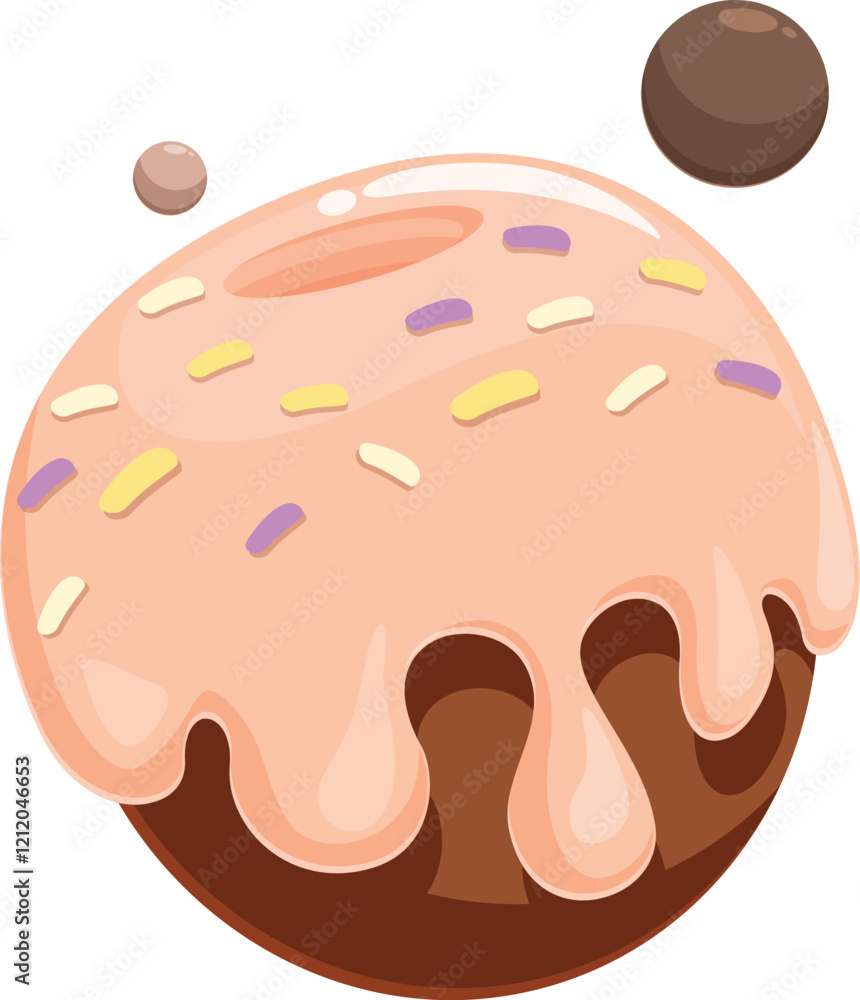 Poster donut shaped planet rotating in space, covered with pink icing and colorful sprinkles, creating a sw