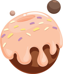Donut shaped planet rotating in space, covered with pink icing and colorful sprinkles, creating a sweet and cosmic scene