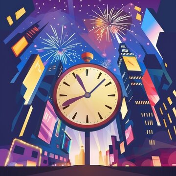 A large clock face with hands pointing to midnight, fireworks exploding over the city skyline, and buildings with advertisements in the background.