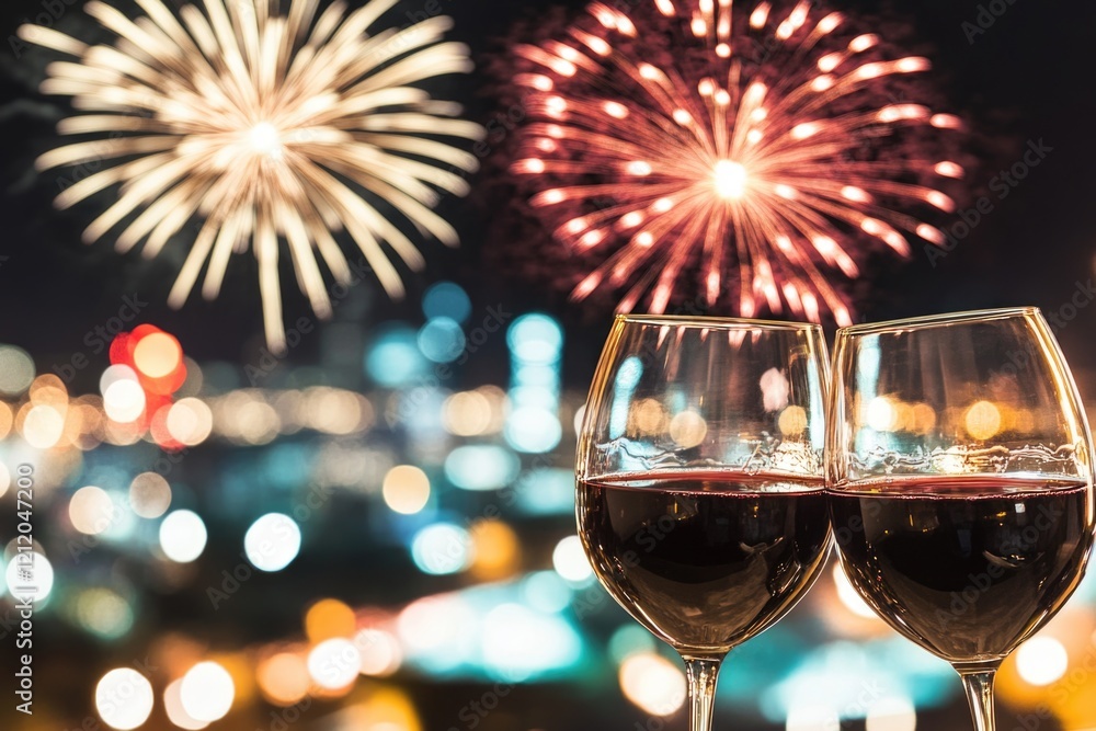 Poster two glasses of wine with colorful fireworks exploding in the background