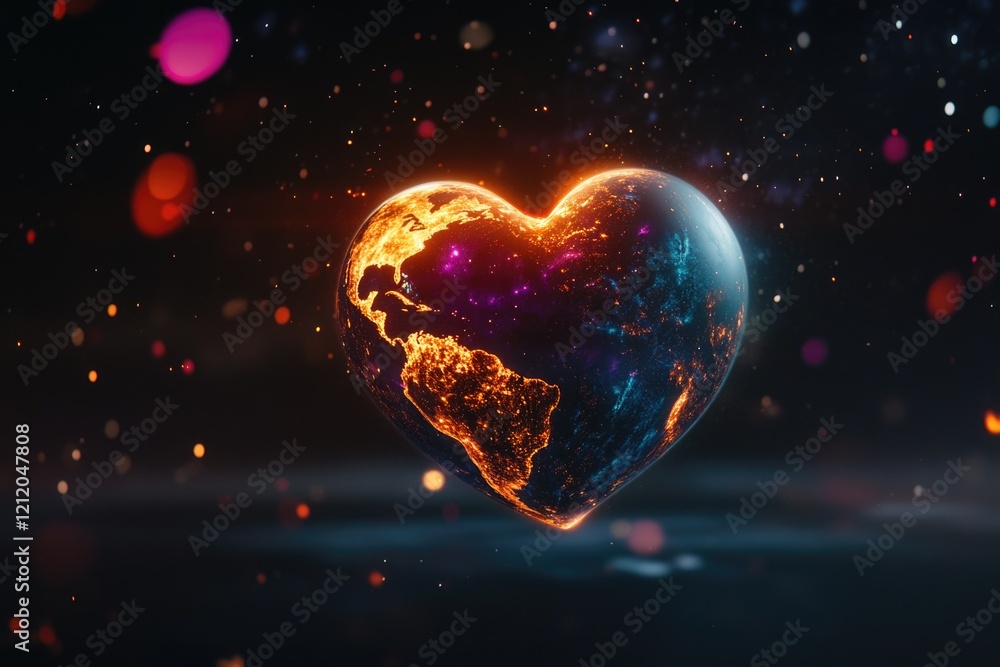 Poster a 3d sculpture of a heart-shaped object with a map of the world inside, used for decoration or gift-