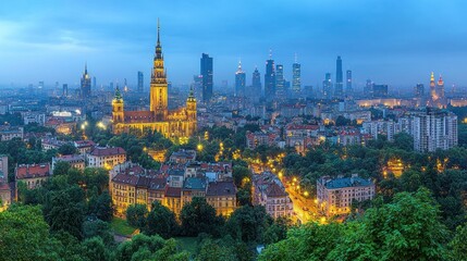 Naklejka premium Warsaw's Enchanting Skyline: A Panoramic Night View