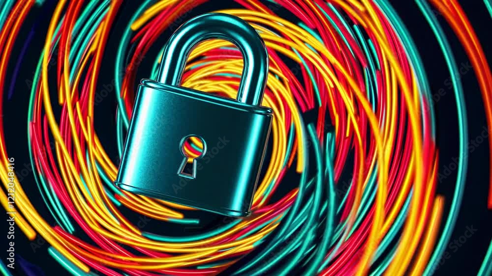 Aufkleber Colorful swirling patterns with a metallic lock at the center symbolize security and protection in digital environments