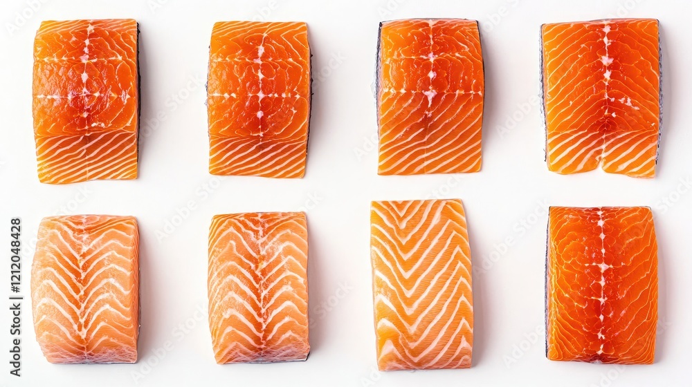 Poster raw sliced salmon fillet collection on white background generative ai