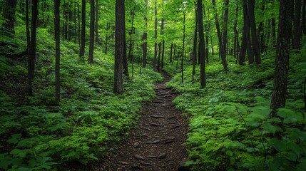 Obraz premium Aerial hiking trail forest dense green discovery scenic