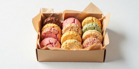 Assortment of colorful sweet treats in a cardboard box, baked goods presented in a paper liner for gifting